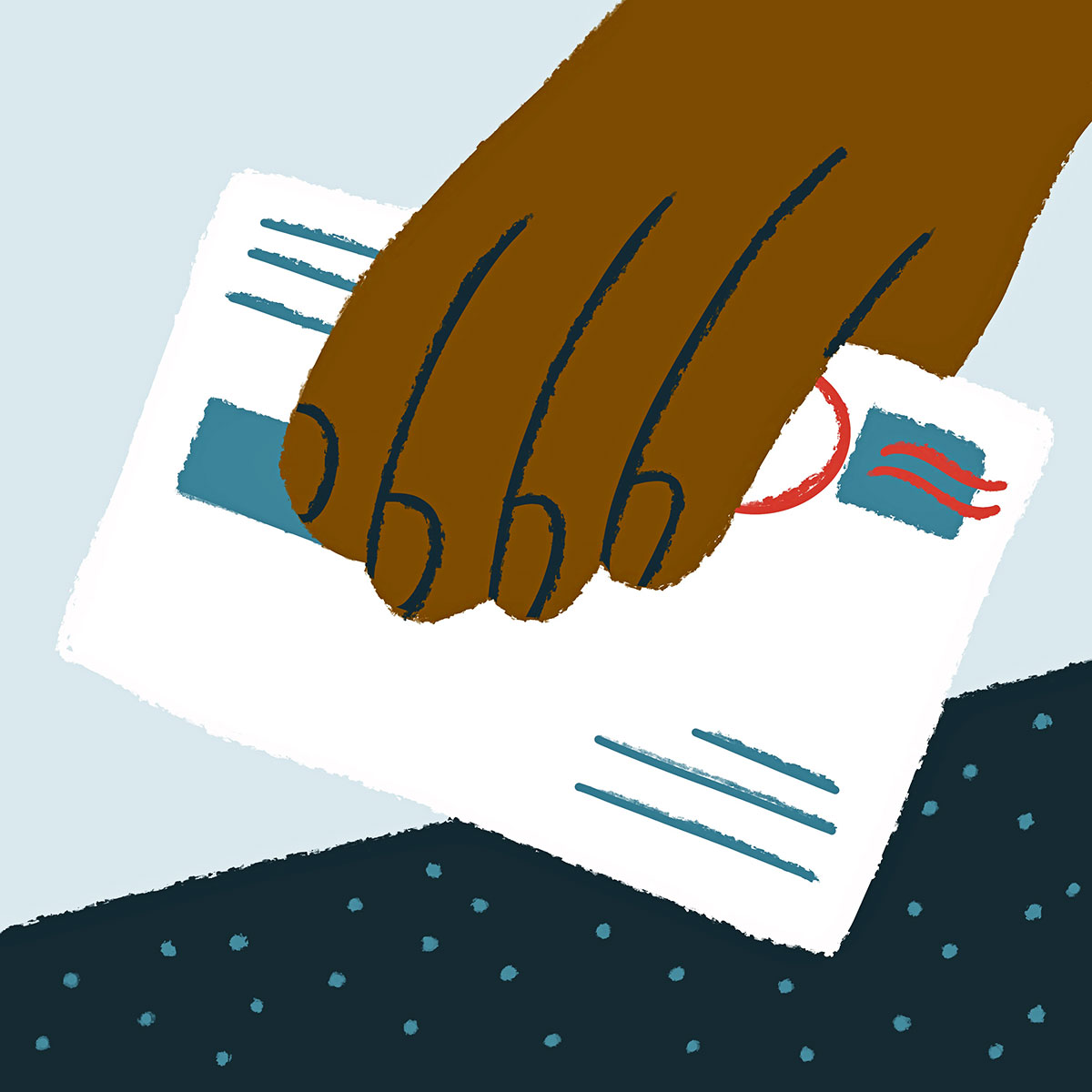An illustration of a hand holding an envelope that has a ballot inside