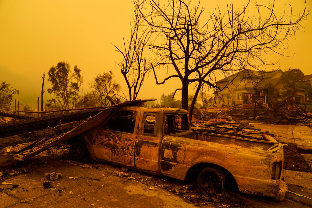 Burnt out homes and structures in Santa Rosa, CA, after a wildfire, photographed on Sept. 28, 2020. (Kent Nishimura / Los Angeles Times via Getty Images)