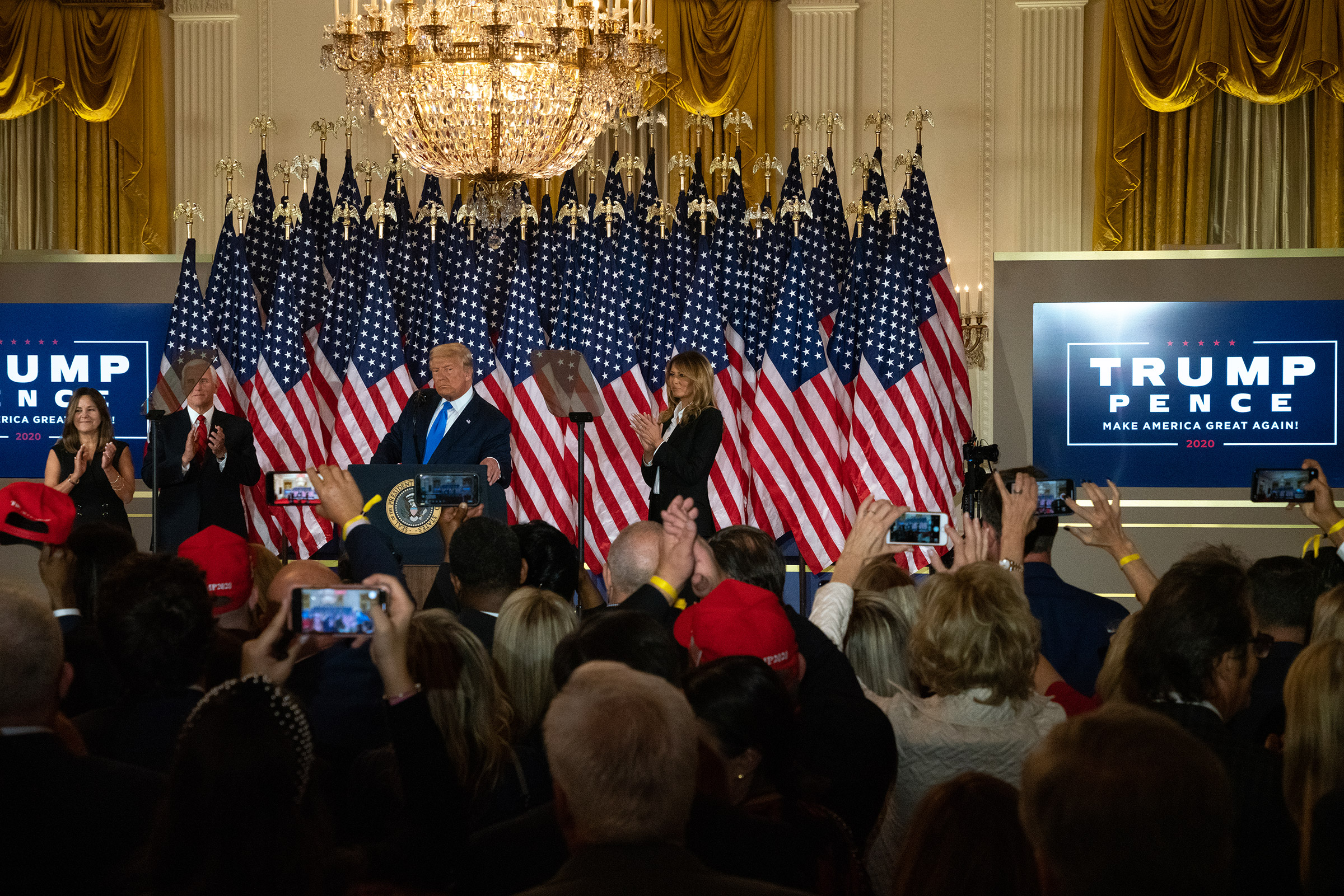 2020. Washington DC. USA. President Trump gives a speech in the East Room on election night on the still undecided results of the 2020 election.
