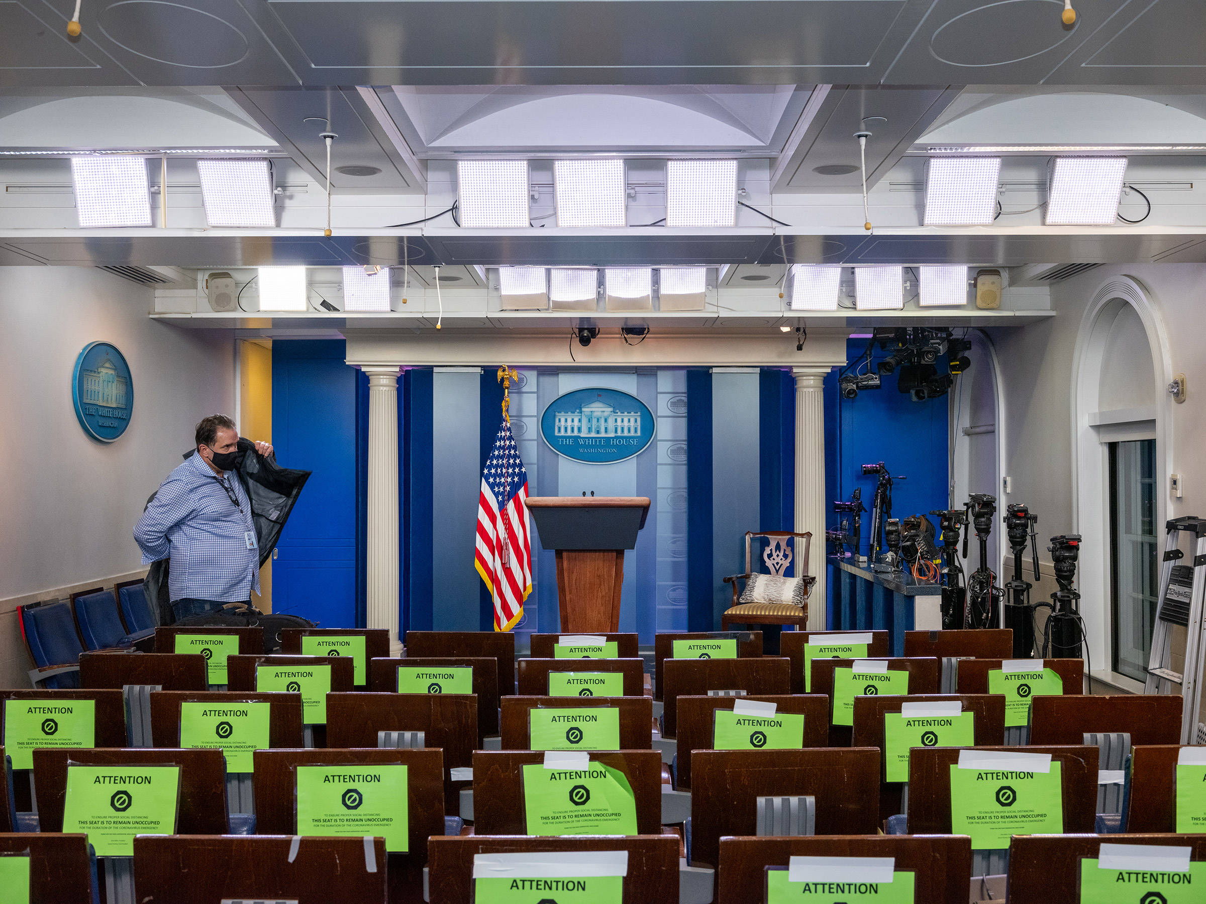 An empty White House Press Briefing Room room after the President delivered remarks on Nov. 5. (Peter van Agtmael—Magnum Photos for TIME)