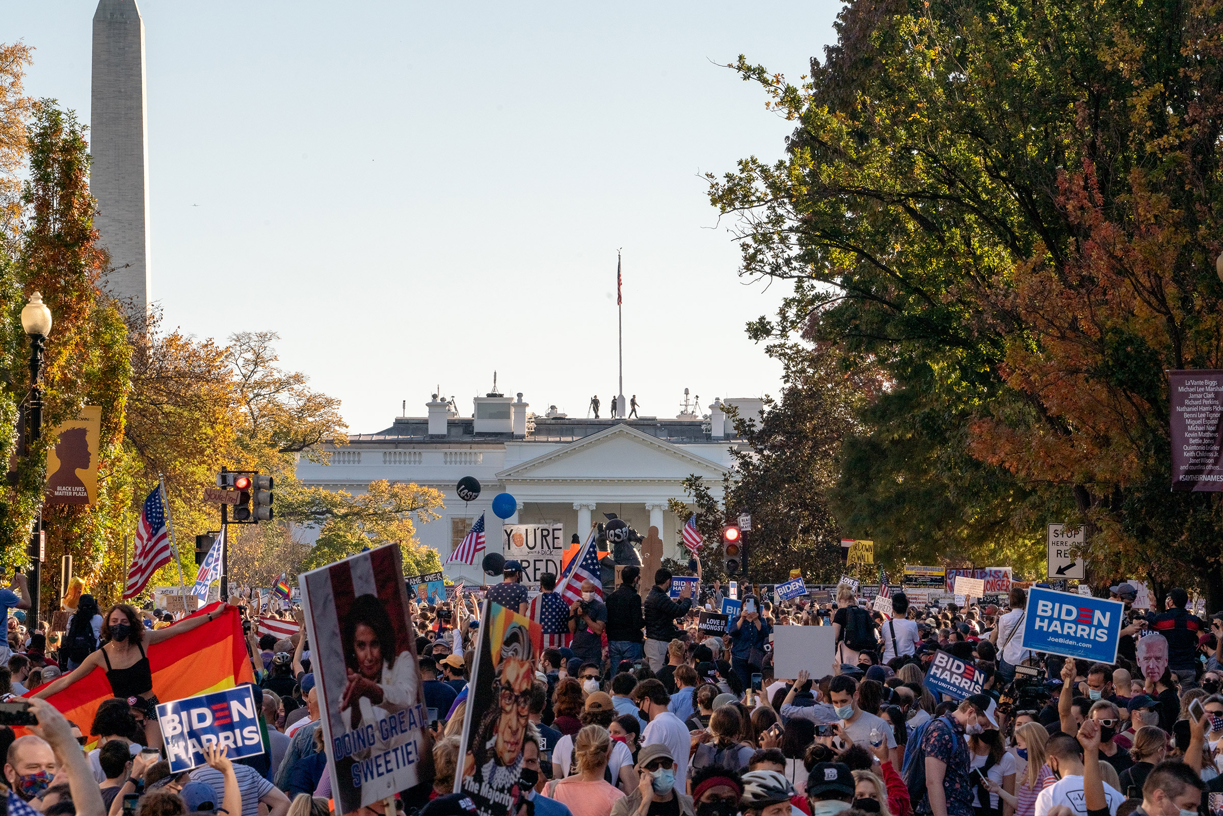 2020. Washington DC. USA. A massive crowd gathered near the White House to celebrate the election of Joe Biden as President of the United States after days of tense waiting for the election to be called, with razor thin margins in several states.