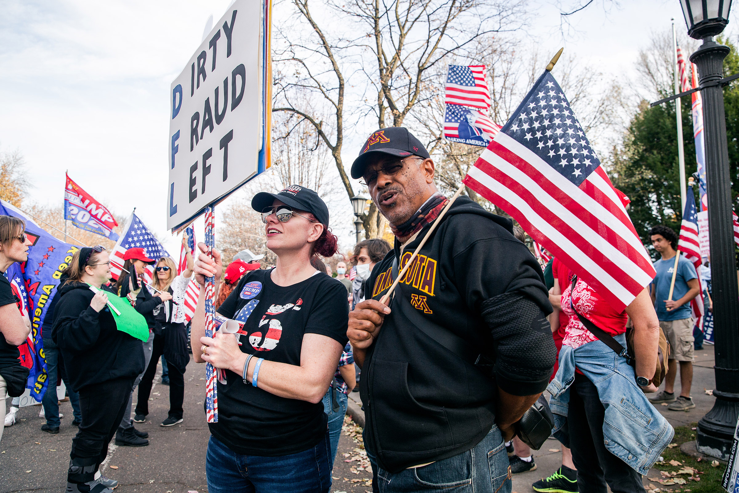 November 7th 2020- A Black Trump supporter is upset with having his photo taken at a protest in front of the Minnesota Governor's mansion in St. Paul Minnesota. Trump supporters are protesting the outcome of the  2020 presidential election.