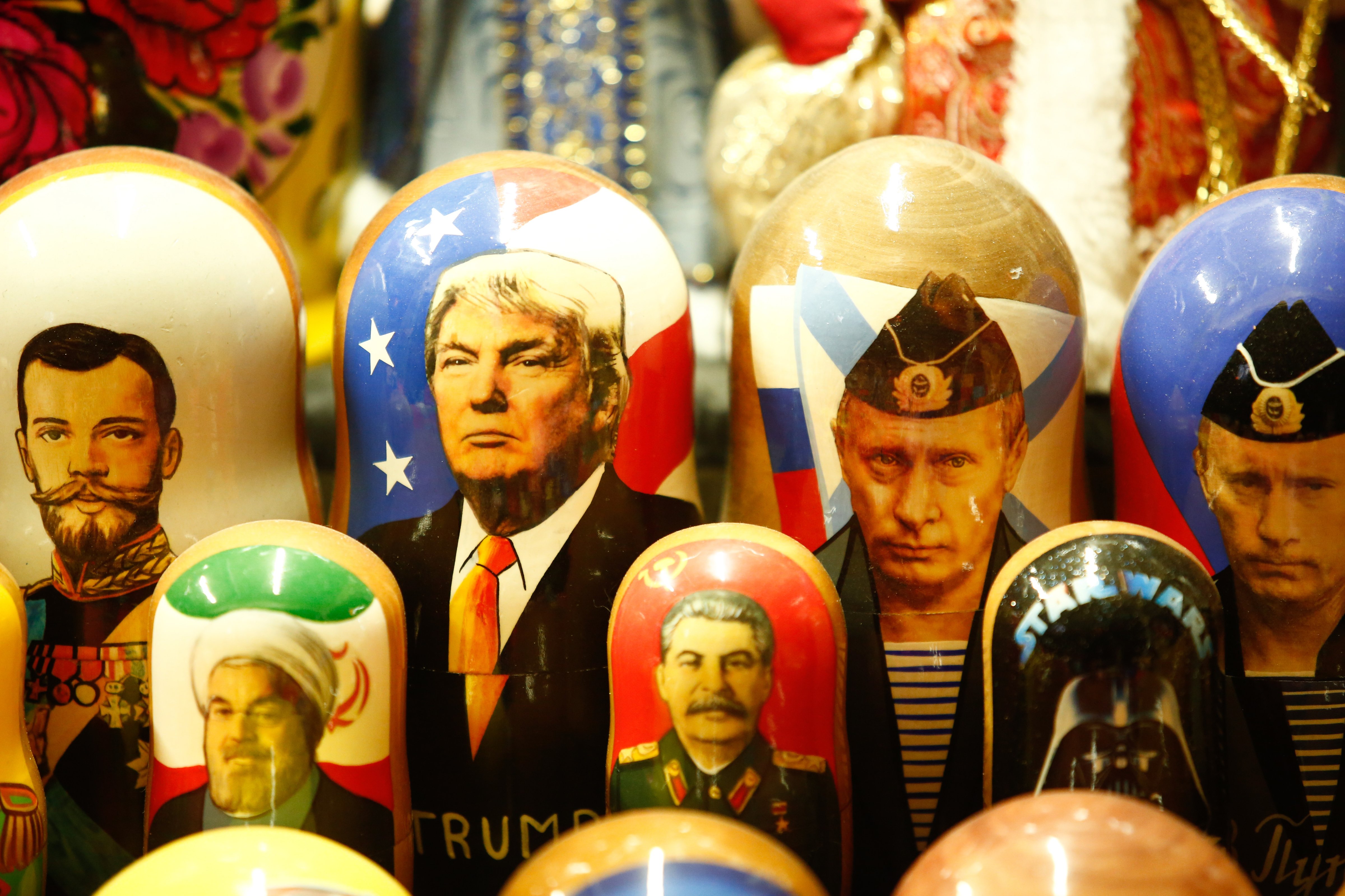 Russian nesting dolls depicting Putin and Trump on sale at a fair in St. Petersburg, Russia, on Dec. 29, 2019. (Sergei Mikhailichenko—SOPA/LightRocket/Getty Images)