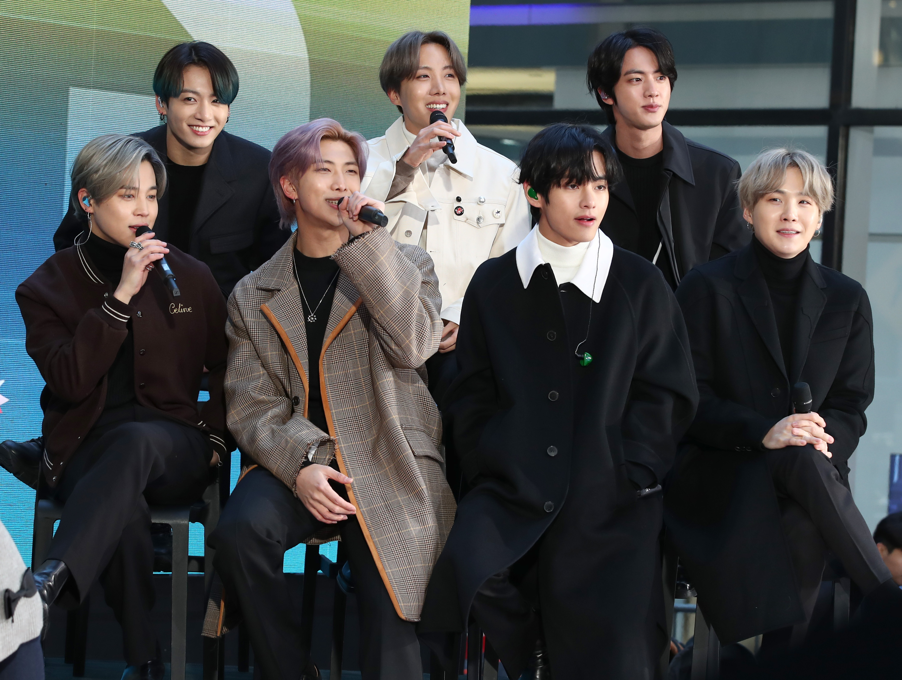 Jimin, Jungkook, RM, J-Hope, V, Jin, and SUGA of the K-pop boy band BTS visit the "Today" Show at Rockefeller Plaza on February 21, 2020 in New York City. (WireImage)