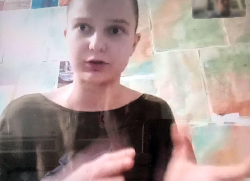 Artist Julia Tsvetkova is seen on an iPad screen during a video interview on July 16, 2020.
