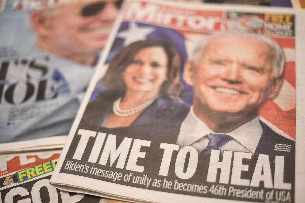 Joe Biden's projected US presidential election victory is seen on the front pages of British newspapers on Nov. 8, 2020 in London, United Kingdom. (Peter Summers—Getty Images)