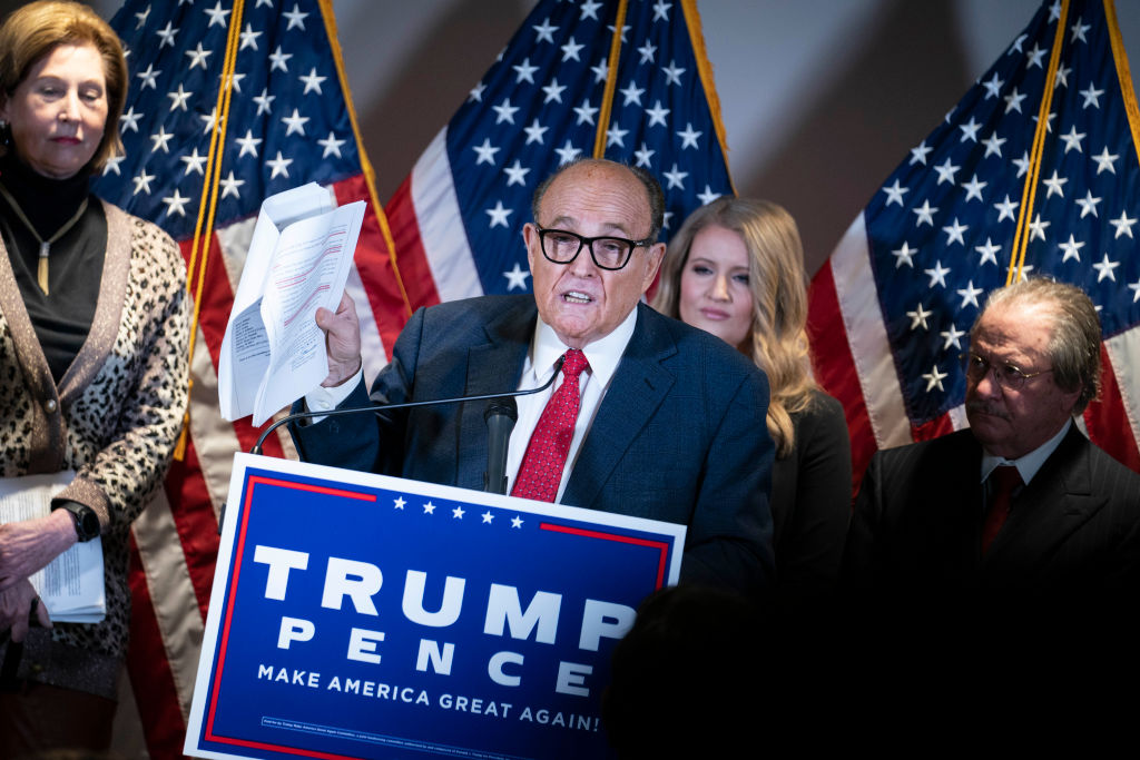 Rudy Giuliani, lawyer for President Donald Trump, speaks during a news conference about lawsuits related to the presidential election results in Washington, D.C., on Nov. 19, 2020. (Sarah Silbiger/The Washington Post—Getty Images)