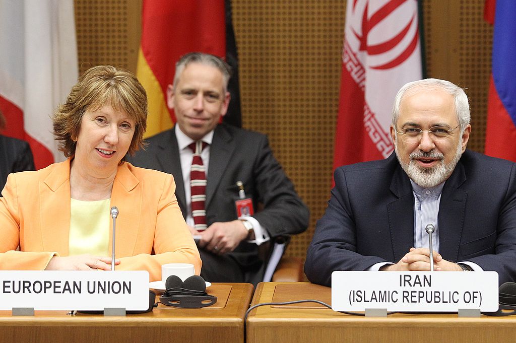 Catherine Ashton (L), High Representative of the Union of Foreign Affairs and Security Policy for the European Union, and Iranian Foreign Minister Mohammad Javad Zarif attend the second day of the second round of P5+1 talks with Iran at the UN headquarters in Vienna, Austria on March 19, 2014 (Dieter Nagl—AFP via Getty Images)