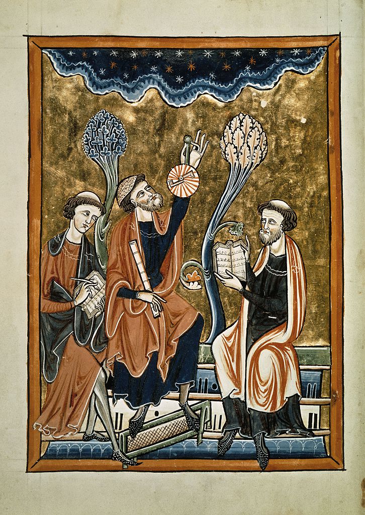 Astronomer raising an astrolabe to a starry sky between writing and computing clerks. From the Psalter of Saint Louis and Blanche of Castille. 13th century. (Universal Images Group via Getty)