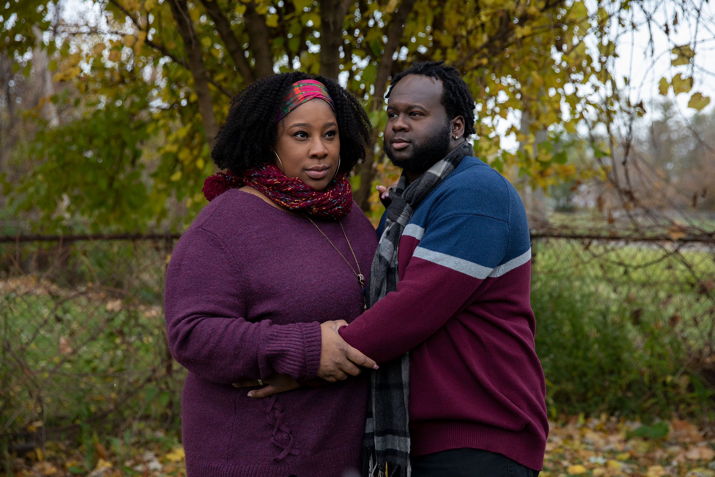 Aaron Jarvis poses for a portrait with her husband Marty Jarvis outside of their home in Detroit, Mich. on Nov. 1, 2020