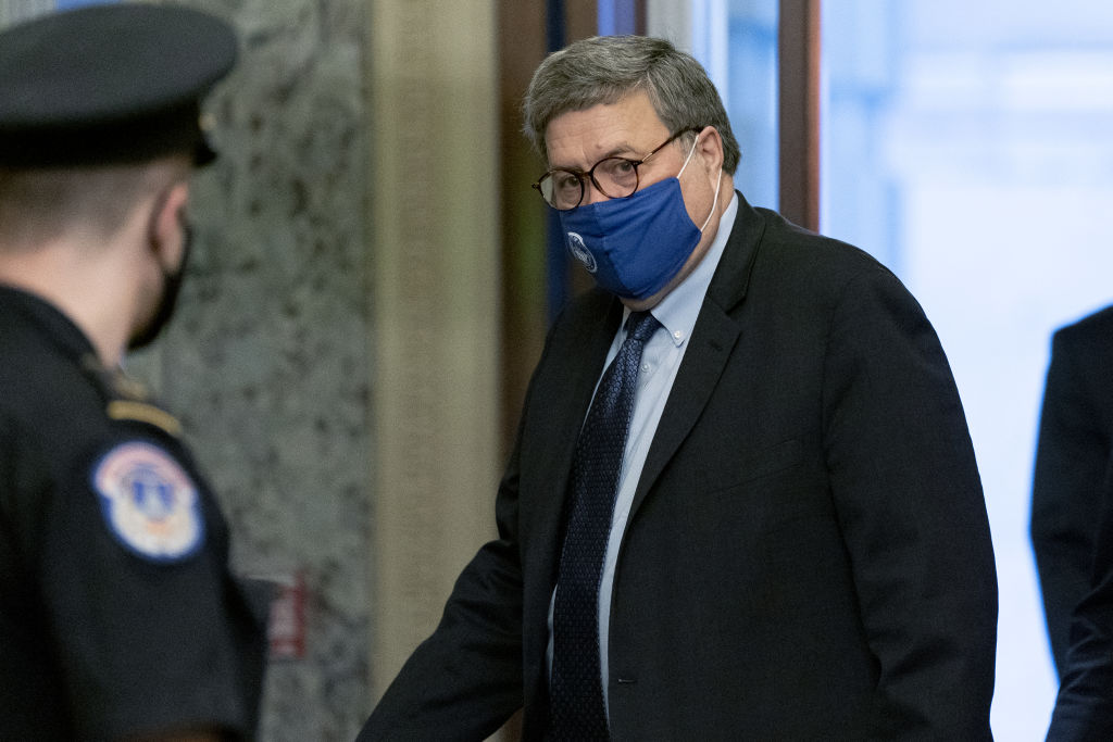 Attorney General William Barr wears a protective mask while arriving at the U.S. Capitol in Washington, D.C., U.S., on Monday, Nov. 9, 2020. (Stefani Reynolds–Bloomberg/Getty Images)