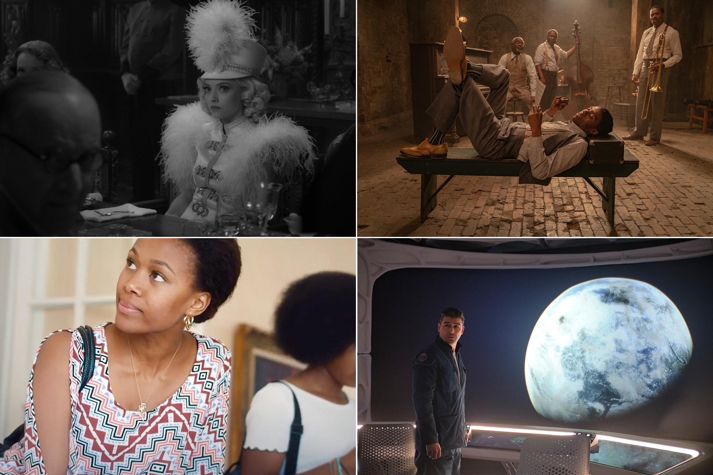 From top left, clockwise: Amanda Seyfried in Mank; Chadwick Boseman in Ma Rainey's Black Bottom; Kyle Chandler in The Midnight Sky; Nicole Beharie in Miss Juneteenth (Netflix (2); Everett Collection (2))