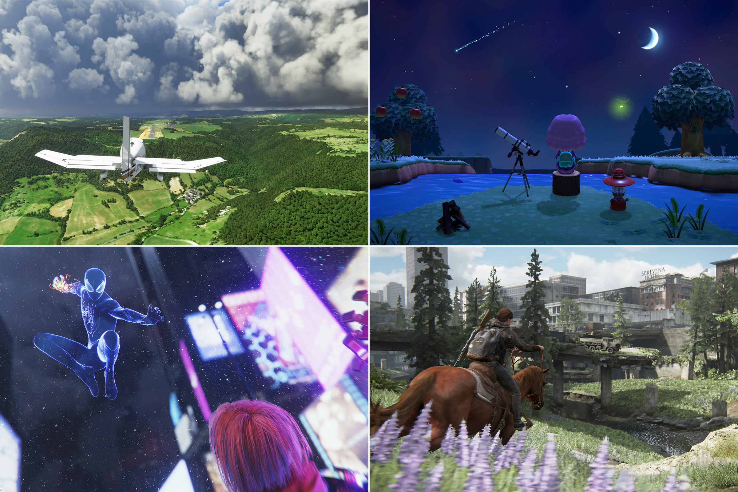 Clockwise from top left: Microsoft Flight Simulator; Animal Crossing; The Last of Us Part II; Spider Man: Miles Morales (Microsoft; Nintendo; Playstation (2))