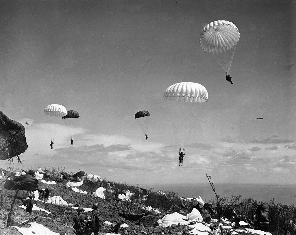 503rd Parachute Regiment of the U.S. landing on Corregidor Island in the Philippines in February 1945. (Mondadori/Getty Images)
