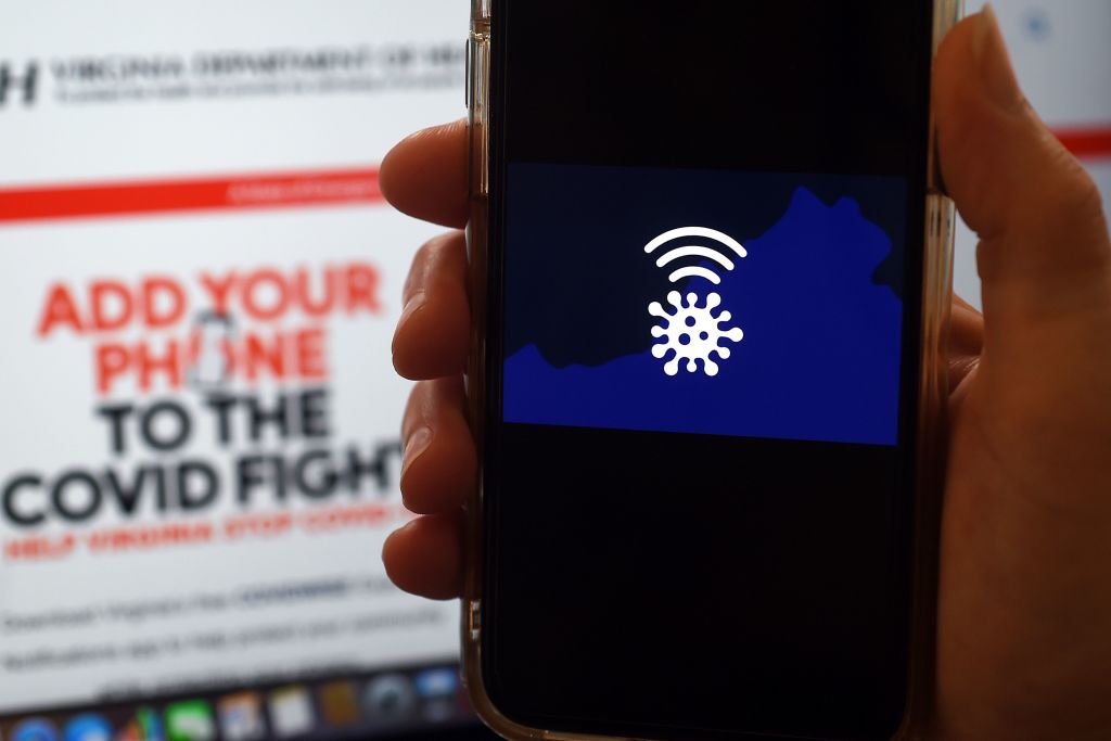 In this photo illustration a COVIDWISE logo is displayed on a mobile phone screen on August 6, 2020, in Arlington, Virginia