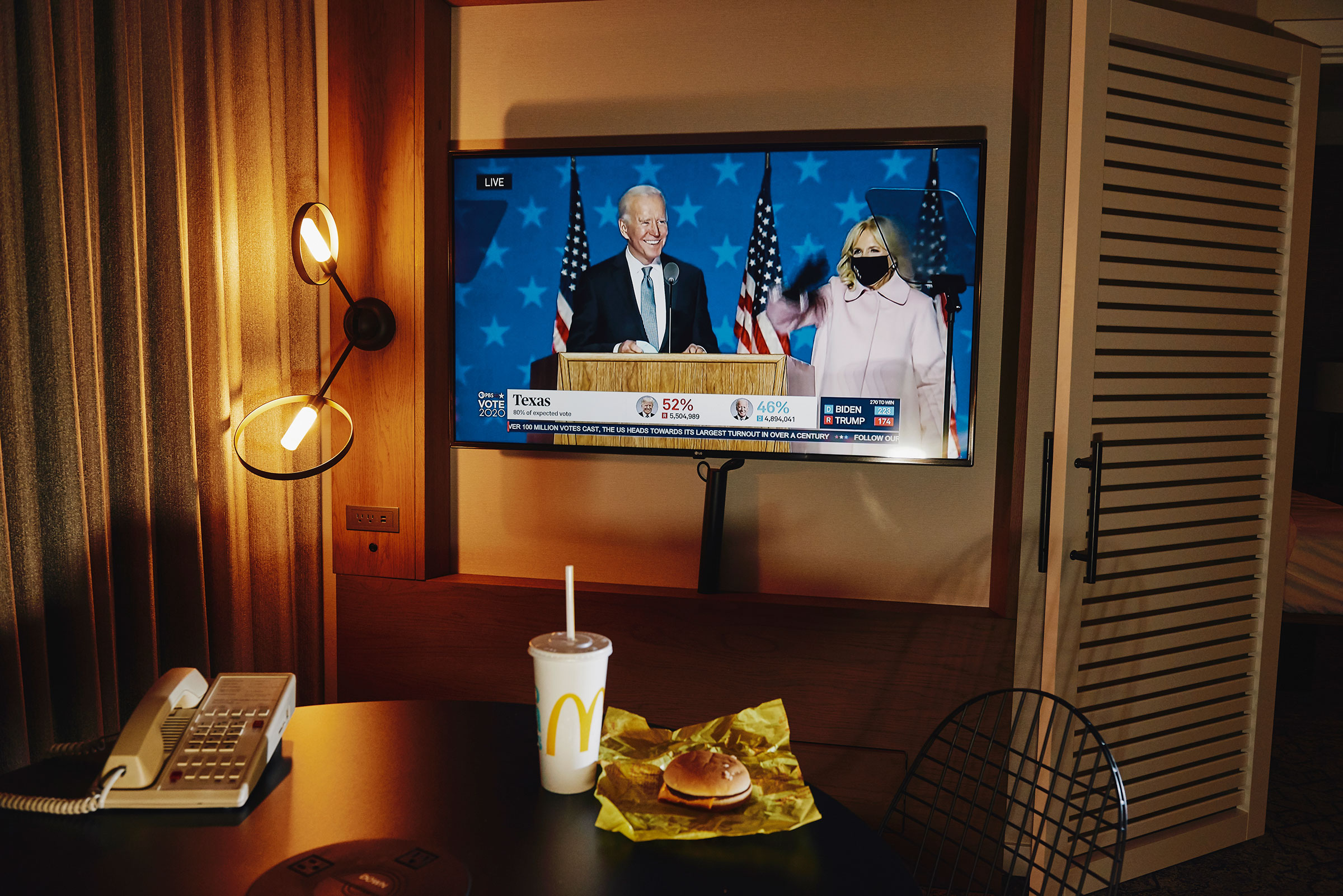 Dinner in a hotel room watching Vice President Biden and Dr. Jill Biden on Election night, Nov. 3