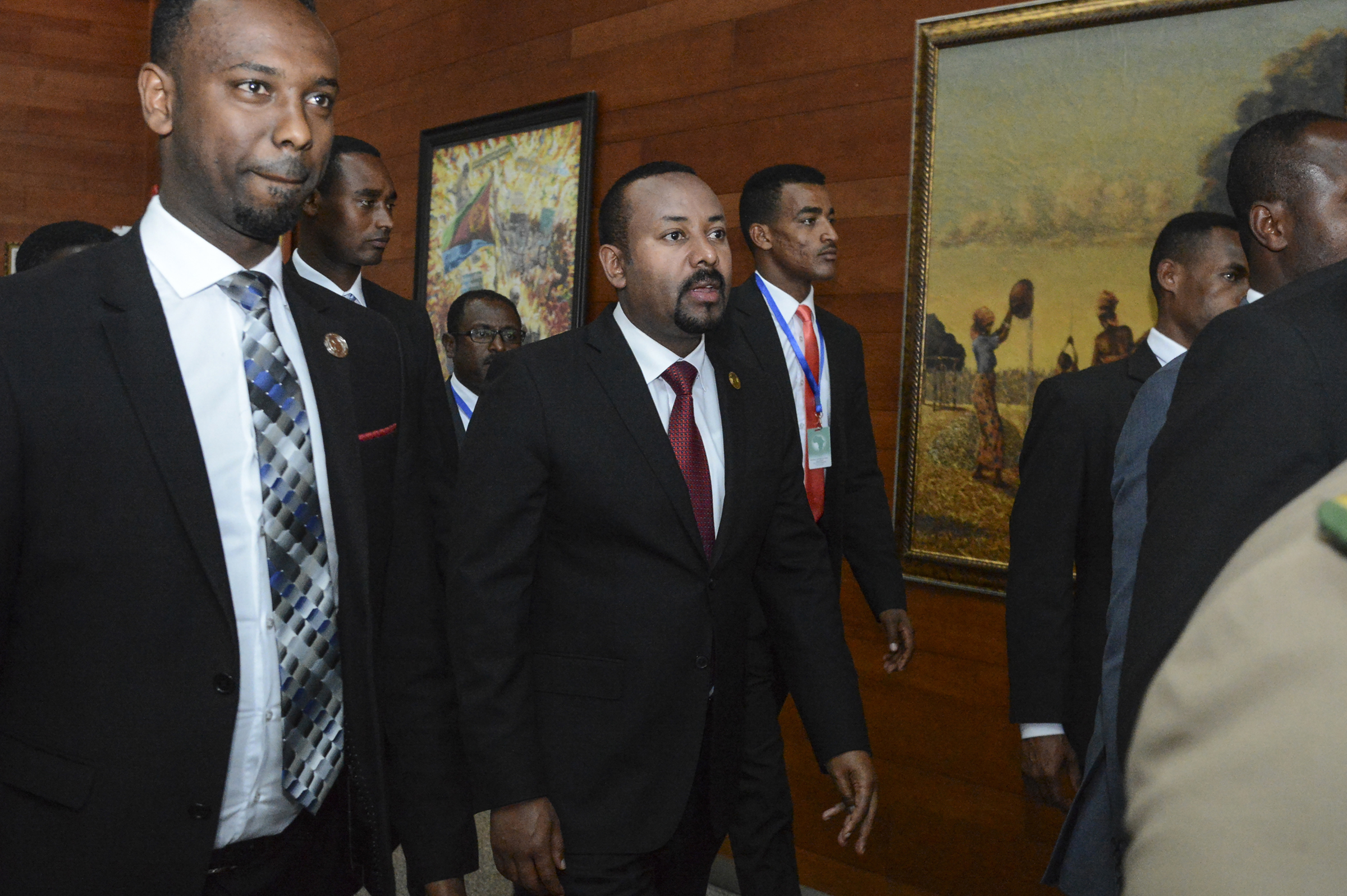 Ethiopia's Prime Minister Abiy Ahmed, center, arrives for the opening session of the 33rd African Union Summit in Addis Ababa, Ethiopia, in Feb. 2020. (AP)