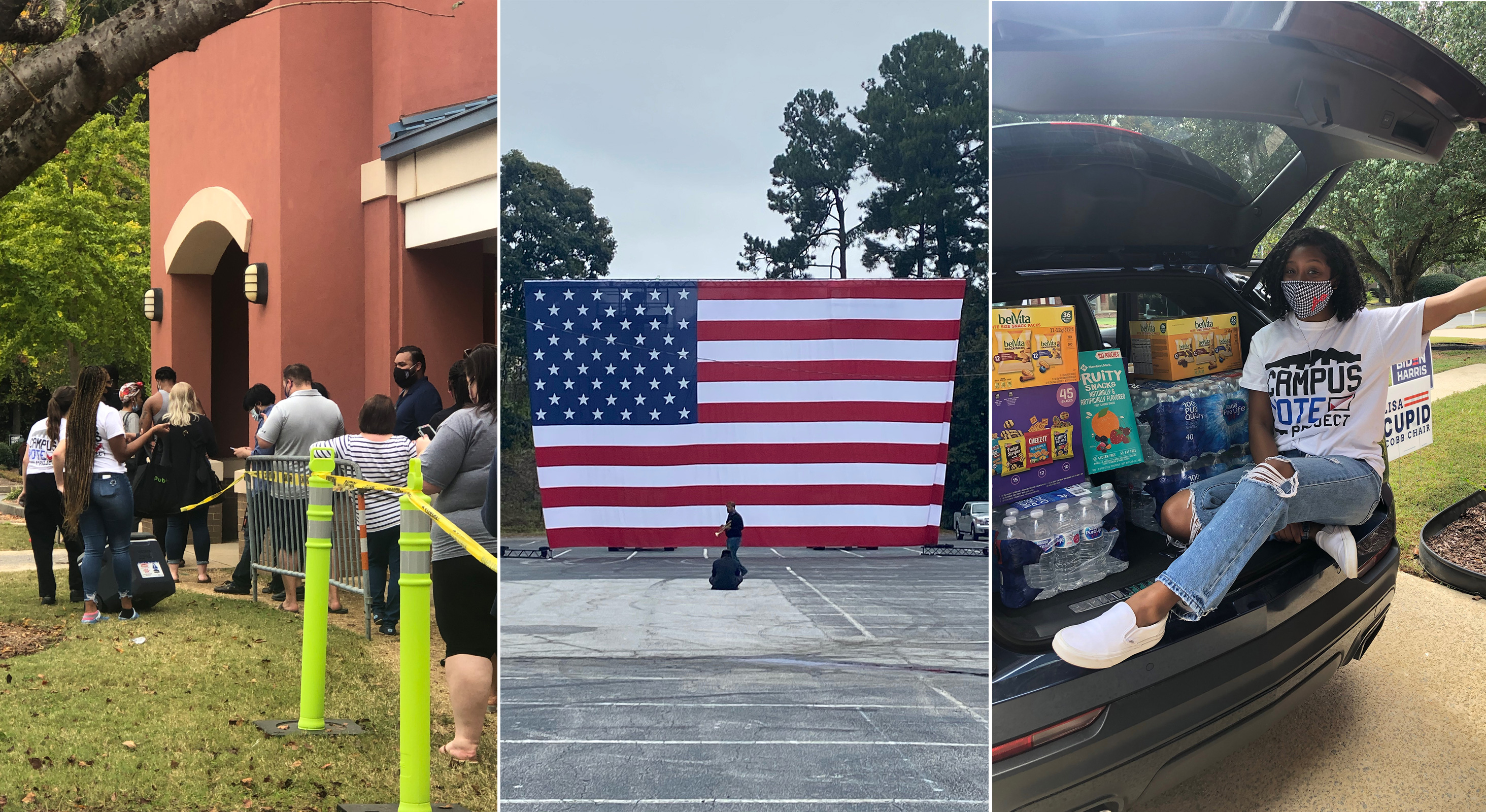 Left: Voter lines in Georgia; Center: a U.S. flag in Atlanta; Right: Ciarra Malone, pictured volunteering for the Campus Vote Project during early voting (Left, Right: Courtesy Ciarra Malone; Center: Courtesy Manny Yekutiel)