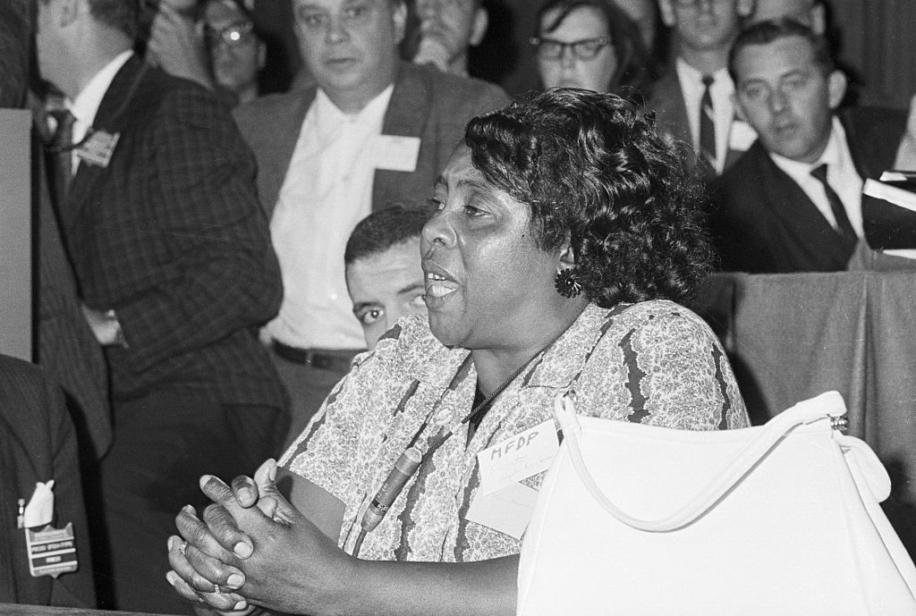 Fannie Lou Hamer speaks at a credential meeting prior to the formal meeting of the Democratic National Convention on Aug. 22, 1964, in Atlantic City, N.J. (Bettmann Archive)