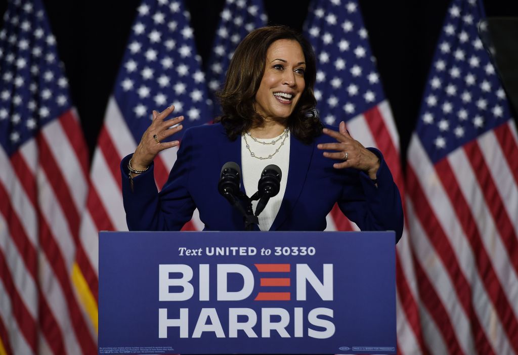 Senator Kamala Harris, speaks during a conference with Joe Biden in Wilmington, Del., on Aug. 12 (Olivier Douliery—AFP/Getty Images)