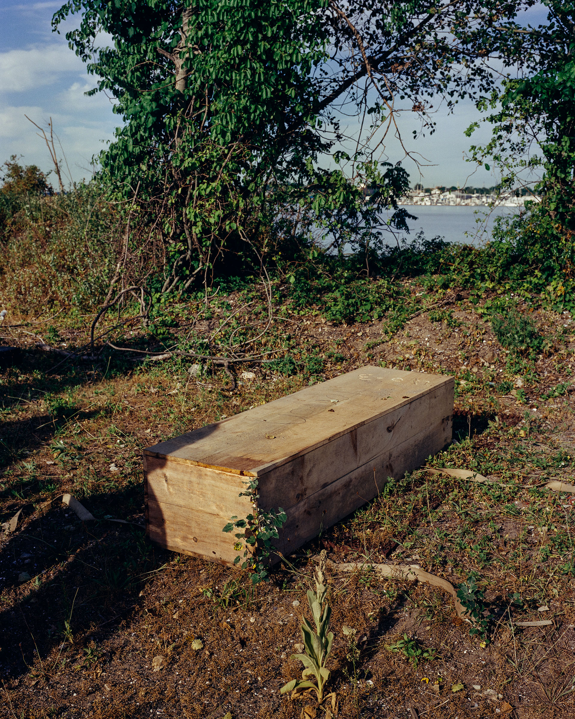 After being exhumed from Hart Island’s mass grave, Ellen Torron’s casket is prepared for the ferry ride back to the city. (Sasha Arutyunova for TIME)