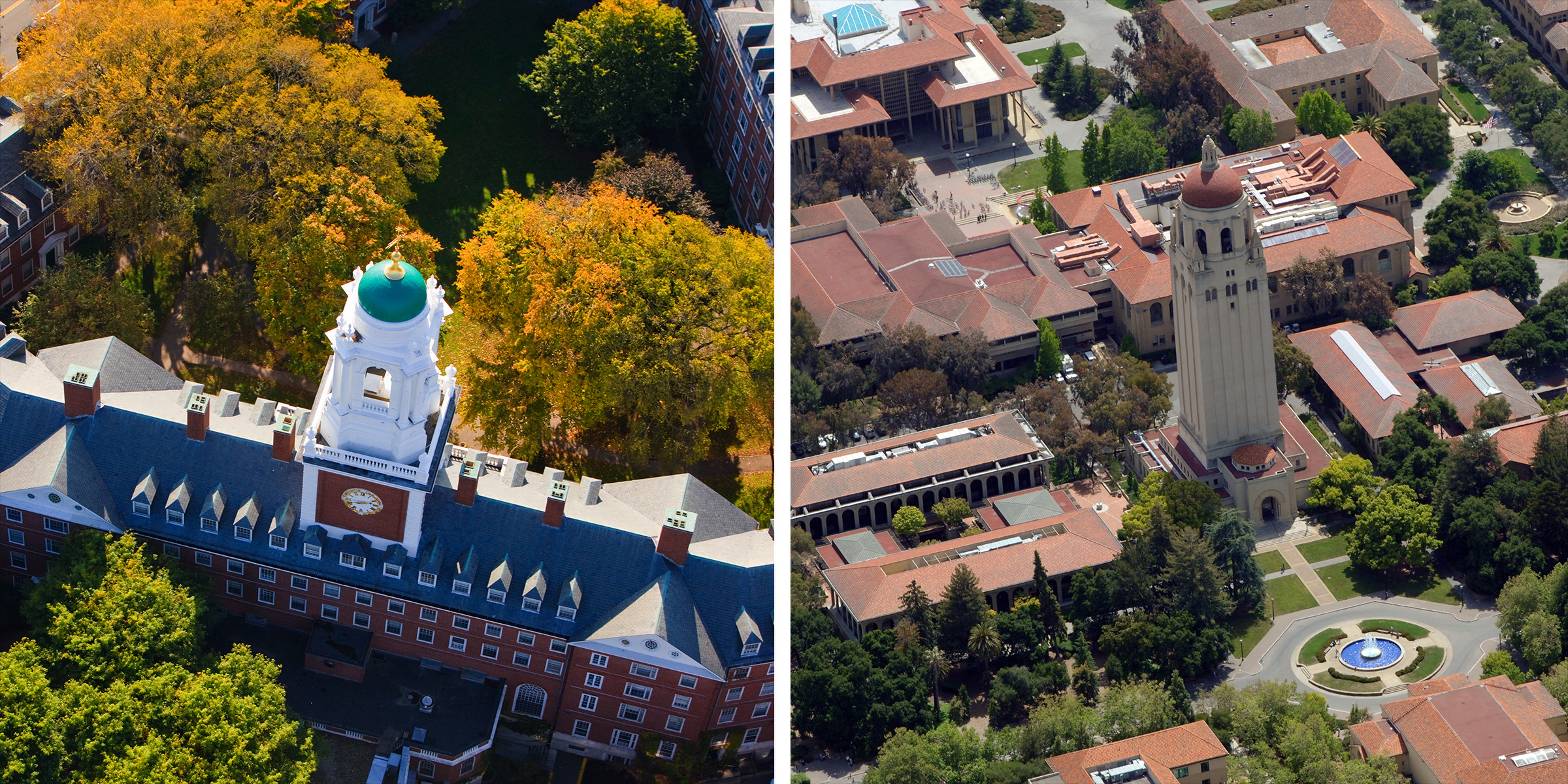 Aerial views of Harvard University and Stanford University. (Nancy Nehring—Getty Images; Brooks Kraft LLC—Corbis/Getty Images)