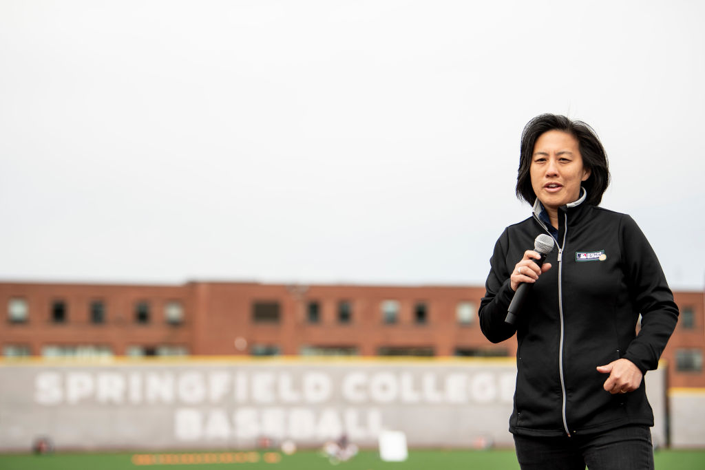 Kim Ng, Sr. VP Baseball &amp; Softball Development for Major League Baseball and the new Miami Marlins general manager, speaks during a Major League Baseball Play Ball event on April 27, 2018 at Berry-Allen Field at Springfield College in Springfield, Mass. (Billie Weiss/Major League Baseball Photos via Getty Images)