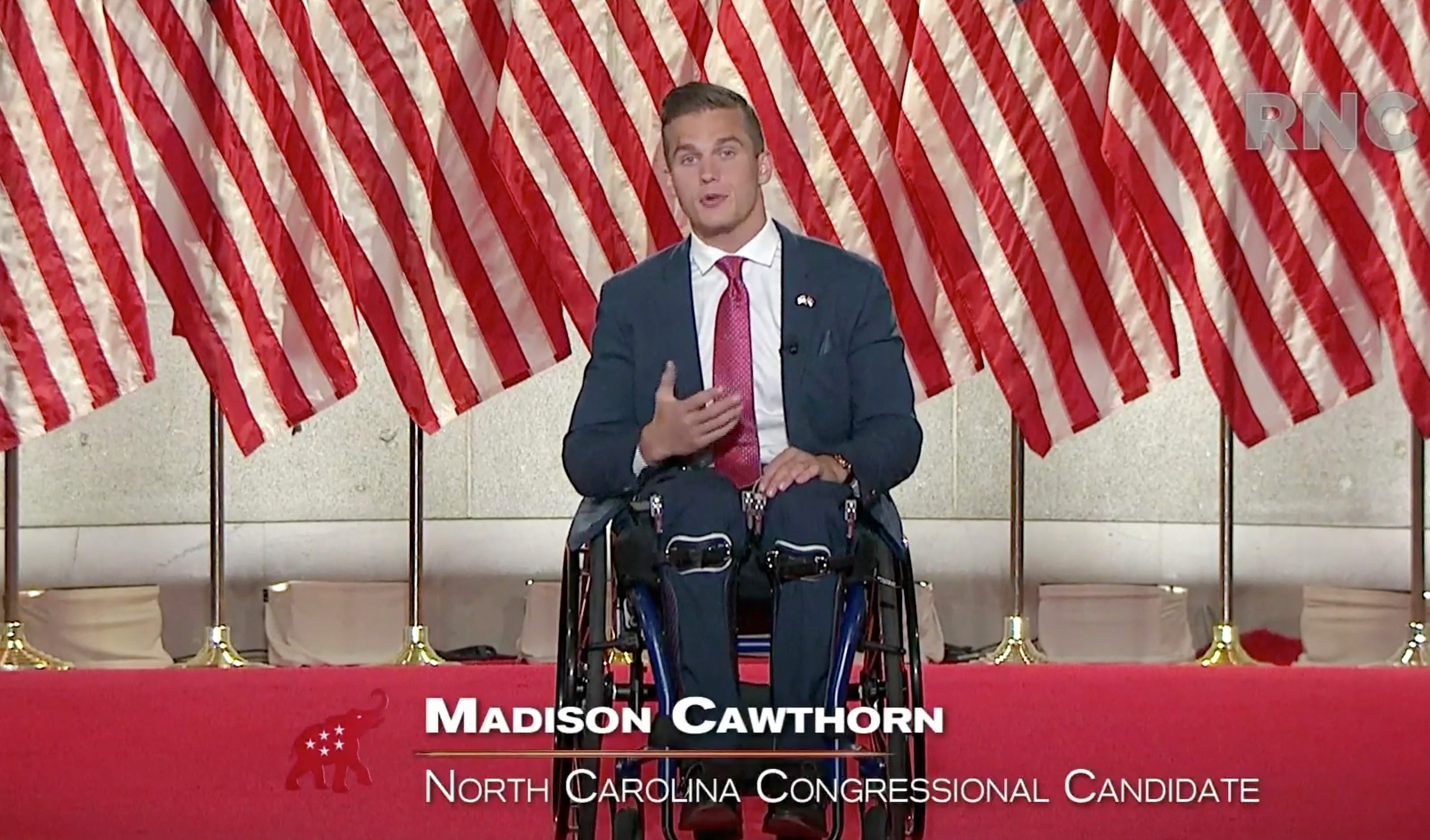 In this screenshot from a livestream of the 2020 Republican National Convention, North Carolina congressional nominee Madison Cawthorn gives a speech on Aug. 26, 2020. (RNC—Getty Images)
