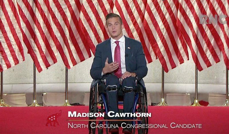 In this screenshot from a livestream of the 2020 Republican National Convention, North Carolina congressional nominee Madison Cawthorn gives a speech on Aug. 26, 2020.