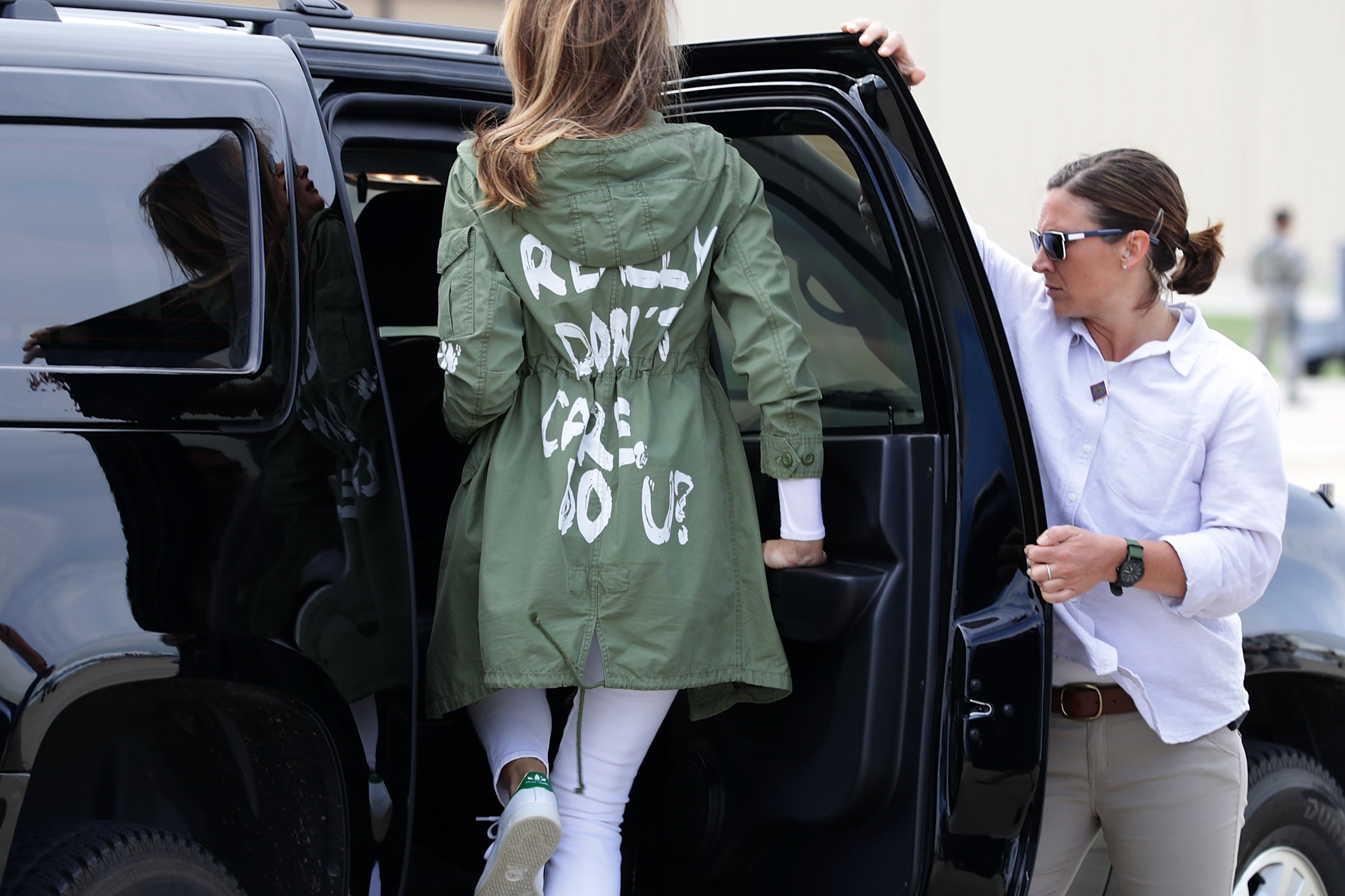U.S. first lady Melania Trump after traveling to Texas to visit facilities that house and care for children taken from their parents at the U.S.-Mexico border on June 21, 2018 at Joint Base Andrews, Maryland. (Chip Somodevilla—Getty Images)