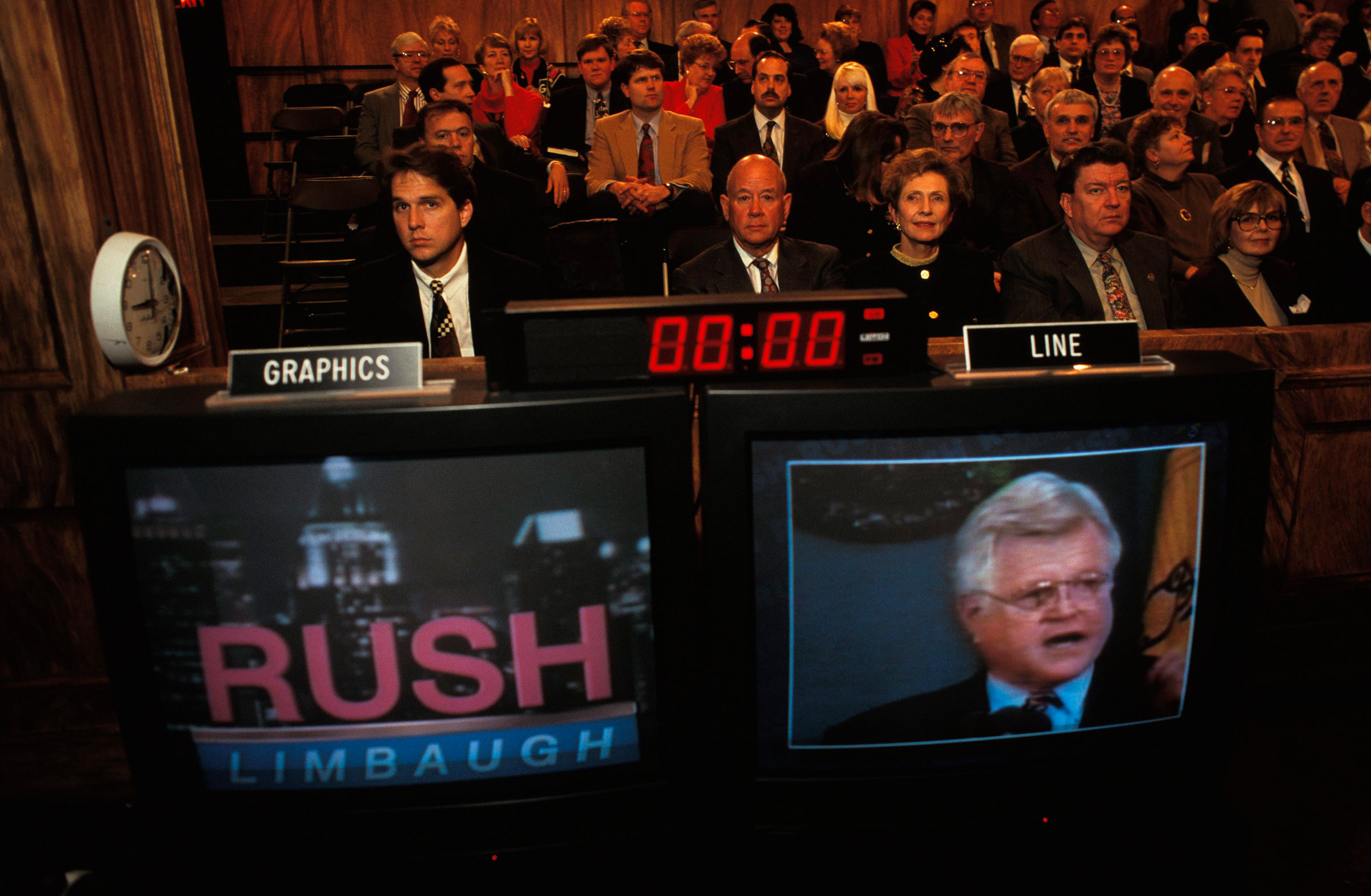 A scene from the set of Rush Limbaugh's show, 1995. (Mark Peterson—Redux)