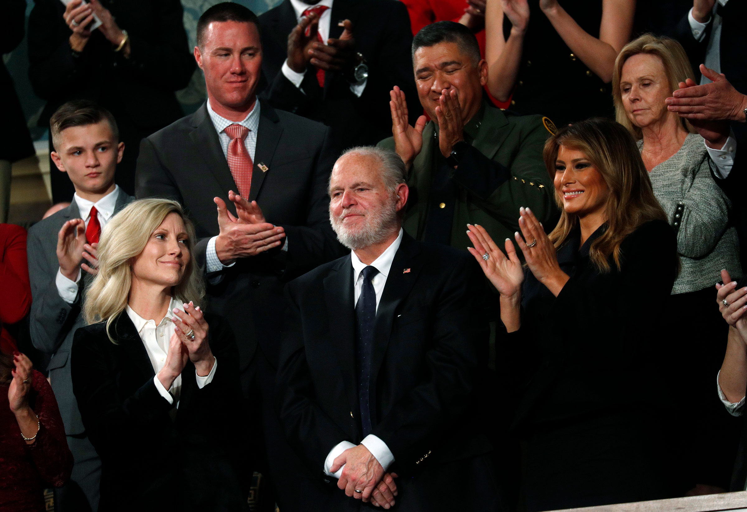 Limbaugh, with wife Kathryn and First Lady Melania Trump, is recognized by President Donald Trump in his State of the Union address in the House chamber on Feb. 4, 2020.