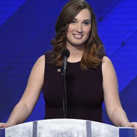 Sarah McBride addresses delegates on the fourth day of the Democratic National Convention on July 28, 2016 in Philadelphia, Pennsylvania.