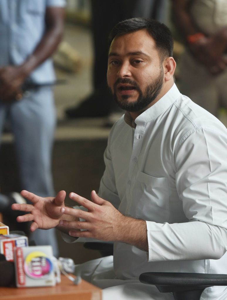 RJD leader Tejashwi Yadav addressing a press conference at the RJD party office in Patna, India, on June 15, 2020. (Parwaz Khan/Hindustan Times/Getty Images)