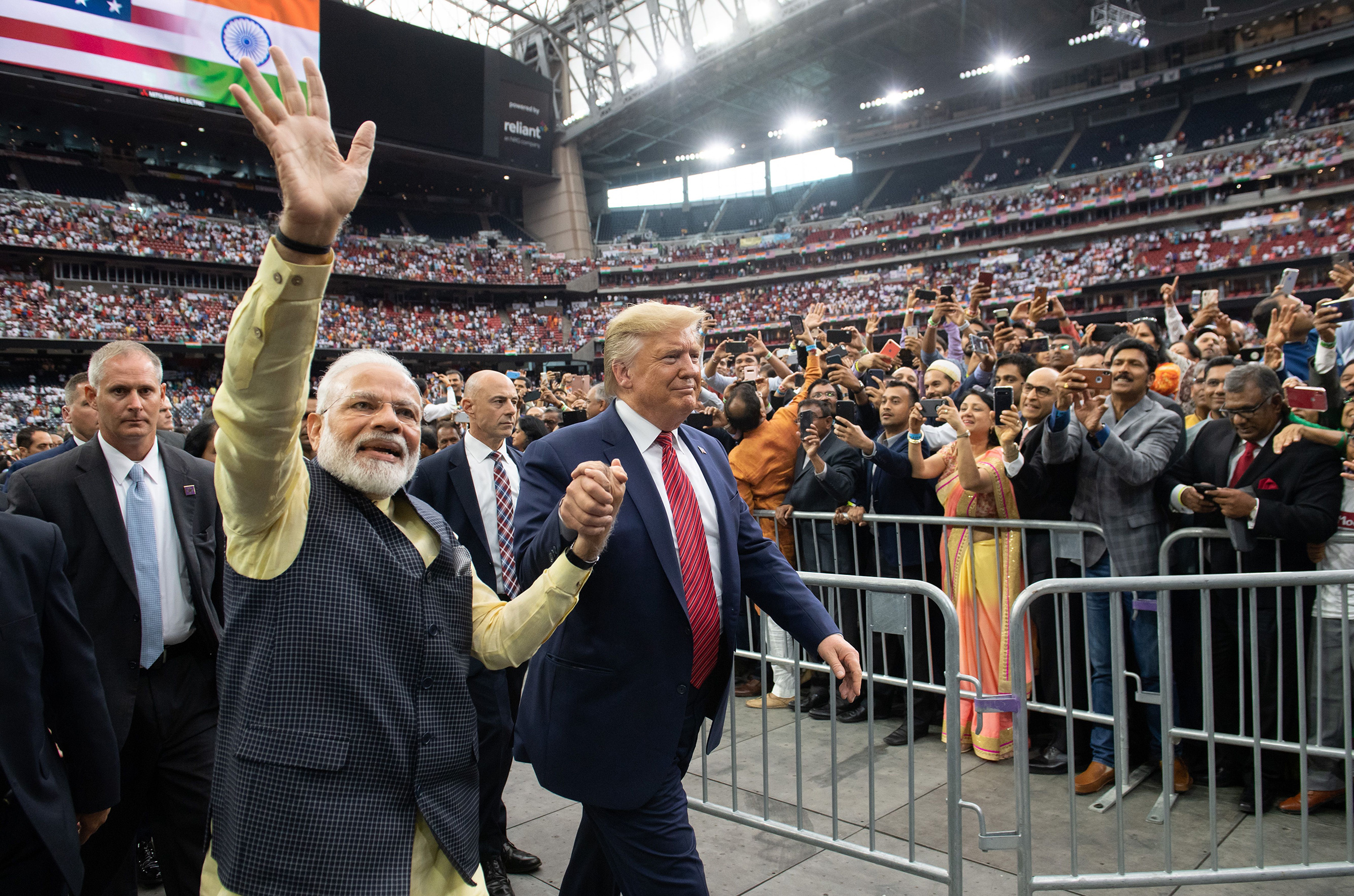 Trump and Modi attend "Howdy, Modi!" at NRG Stadium in Houston Sept. 22, 2019. Tens of thousands of Indian-Americans converged for an unusual joint rally, a symbol of the bond between the two leaders