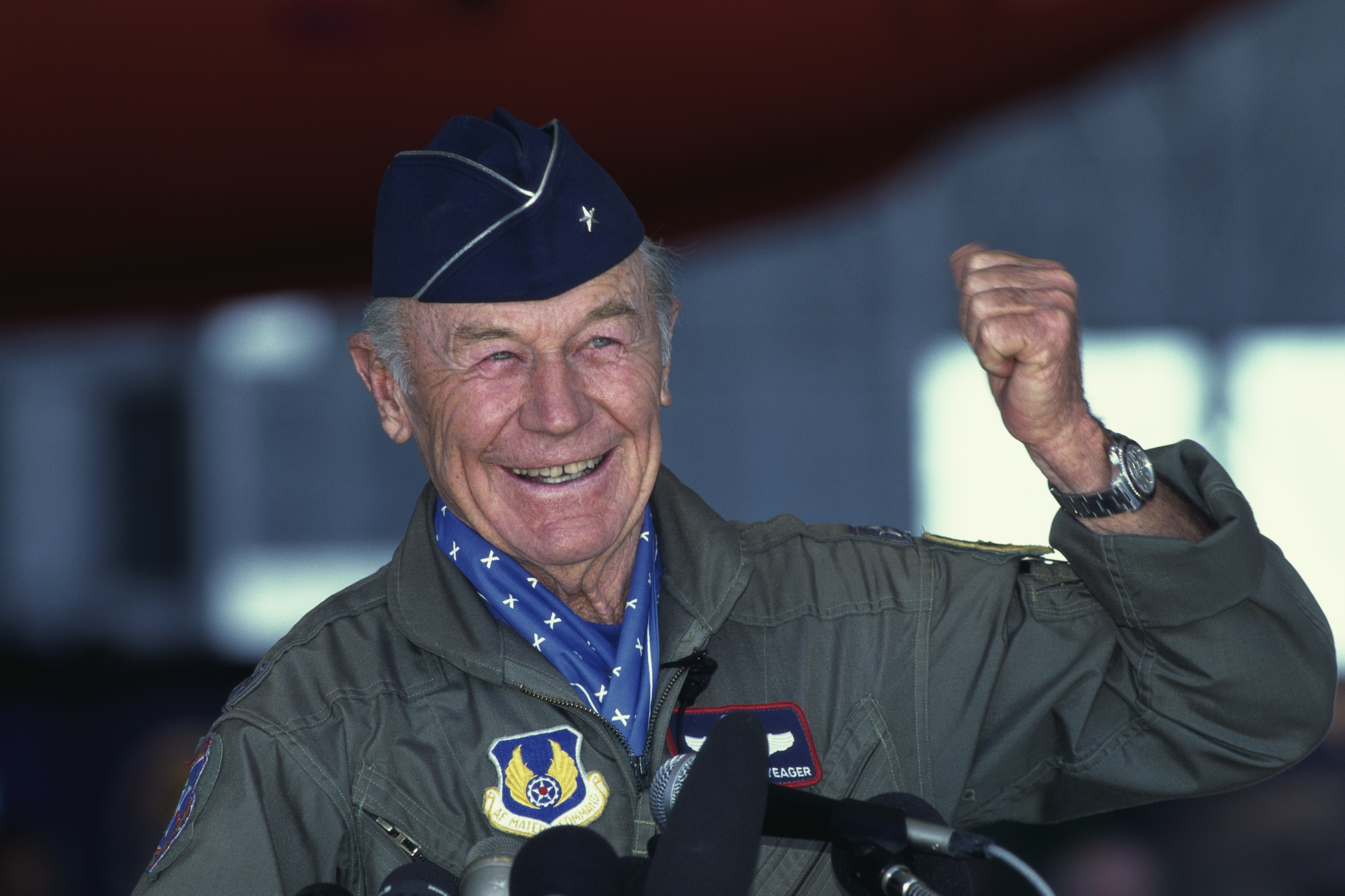 Chuck Yeager during a 1997 press conference at Edwards Air Force Base during the 50th anniversary celebration of his October 14, 1947 Bell X-1 flight, in which he became the first man to break the sound barrier. (Corbis/Getty Images)