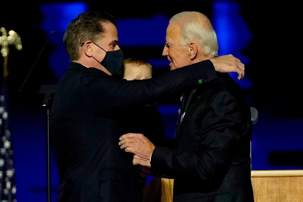 President-elect Joe Biden embraces his son Hunter Biden after addressing the nation from the Chase Center in Wilmington, Delaware, on November 7, 2020. (Andrew Harnik—Getty Images)