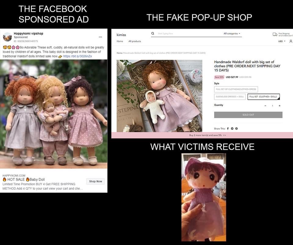 Photos of high-quality handcrafted are being advertised on Facebook, left. The consumer then receives a dollar store doll, bottom right. (Courtesy Sponsored Ads Exposed)