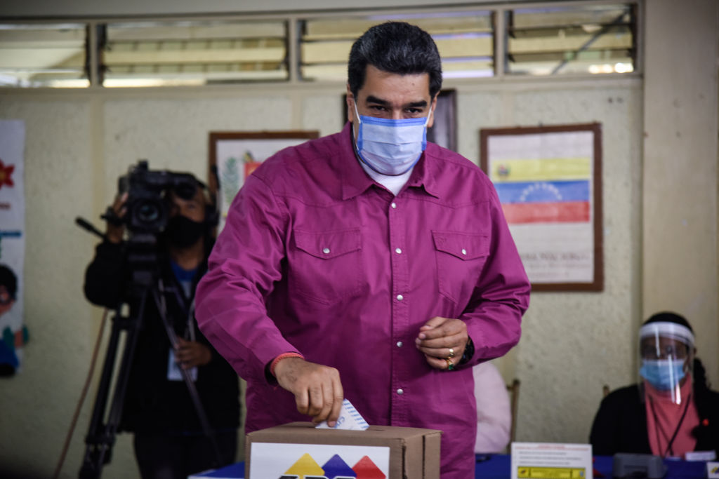 Nicolas Maduro enters to vote at Ecological School Simon Rodriguez on December 6, 2020 in Caracas, Venezuela. (Carolina Cabral–Getty Images)
