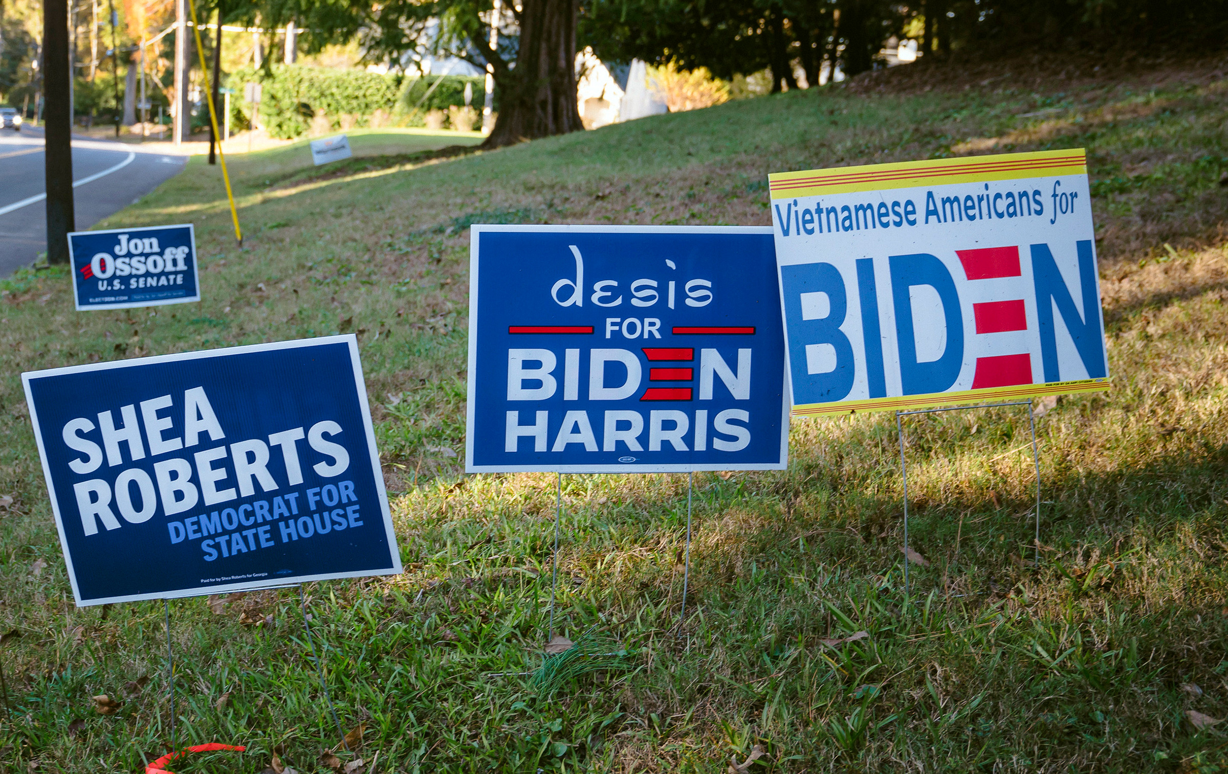 Political signs outside the home of Cam Ashling, chair of Georgia Advancing Progress PAC, in Atlanta on Nov. 13