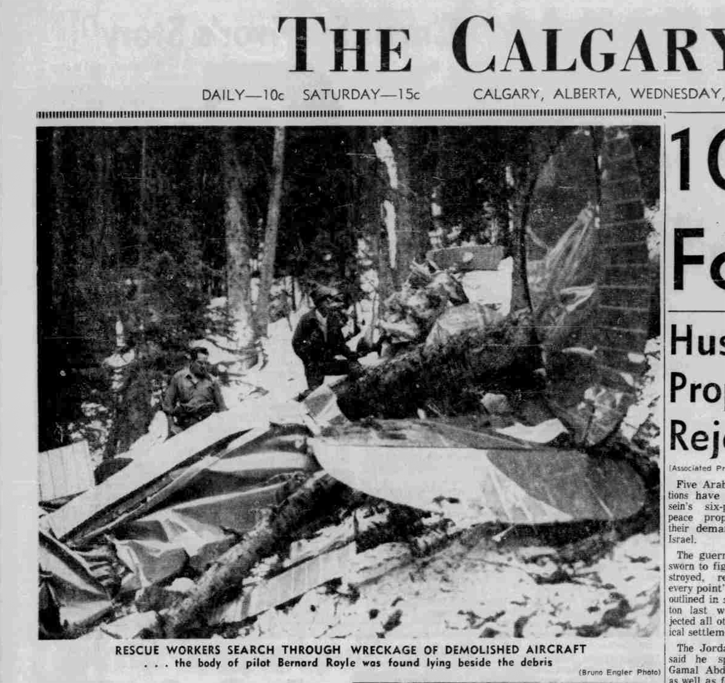 Scene of a Cessna crash in the mountains of British Columbia, Canada,  captured on the front page of The Calgary Herald in April 1969. (Courtesy Glenbow Western Research Centre)