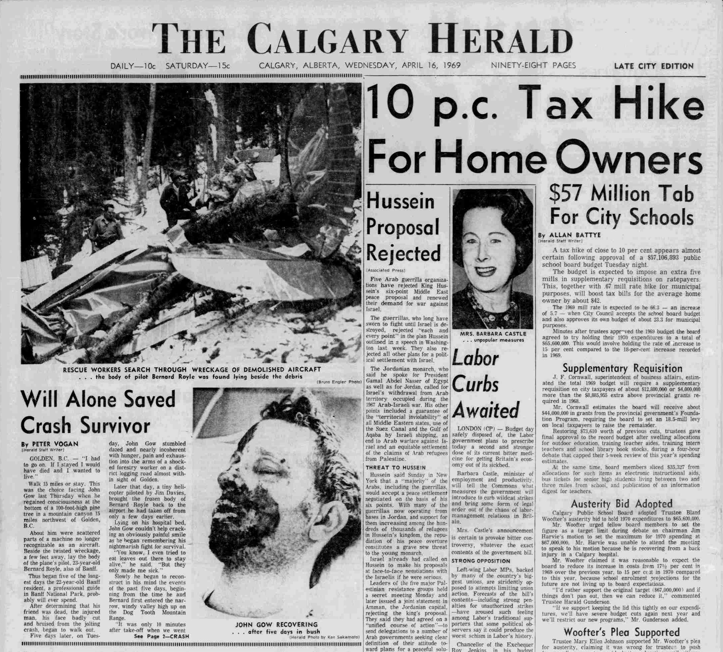 The front page of The Calgary Herald (cropped), April 16, 1969
