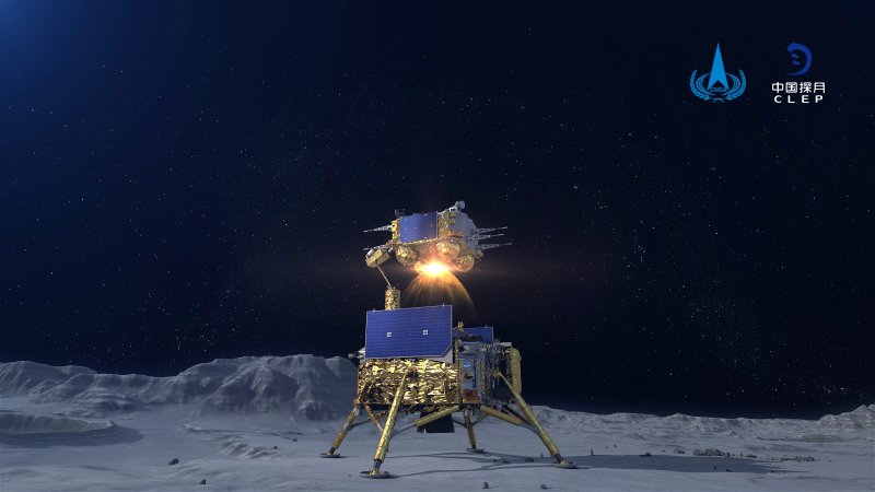 In this China National Space Administration (CNSA) photo released by Xinhua News Agency, a simulated image of the ascender of Chang'e-5 spacecraft blasting off from the lunar surface at the Beijing Aerospace Control Center (BACC) in Beijing on Dec. 3, 2020. The Chinese lunar probe lifted off from the moon Thursday night with a cargo of lunar samples on the first stage of its return to Earth, state media reported.