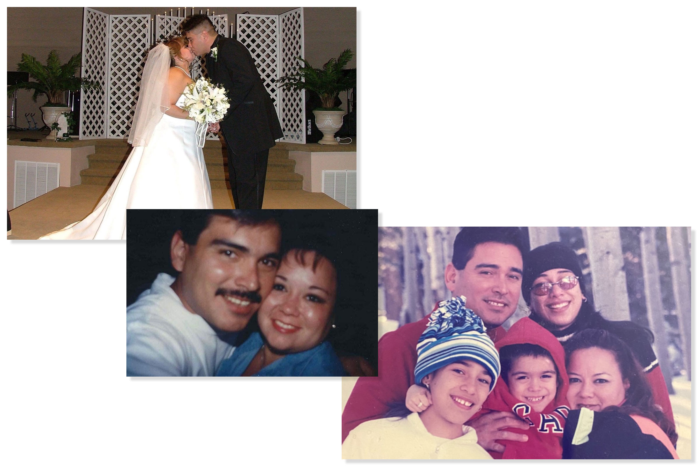 Randy Hinojosa and his late wife Elisa are pictured, top left, at their wedding in 2003. The two met 26 years ago. They share three children, including a 23-year-old son and two daughters, age 28 and 31. Elisa died of COVID-19 in a Texas hospital on Oct. 25. (Courtesy of Hinojosa Family)