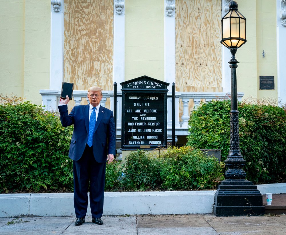 President Trump holds a Bible in front of St. John's Church in Washington, D.C., on June 1. Trump’s moment—for him to look in control of the two-block radius around his home and to stand with a Bible in front of a church—came at a huge cost, wrote Brian Bennett, using the full force of the federal government to quash a peaceful protest and raising echoes of martial law.