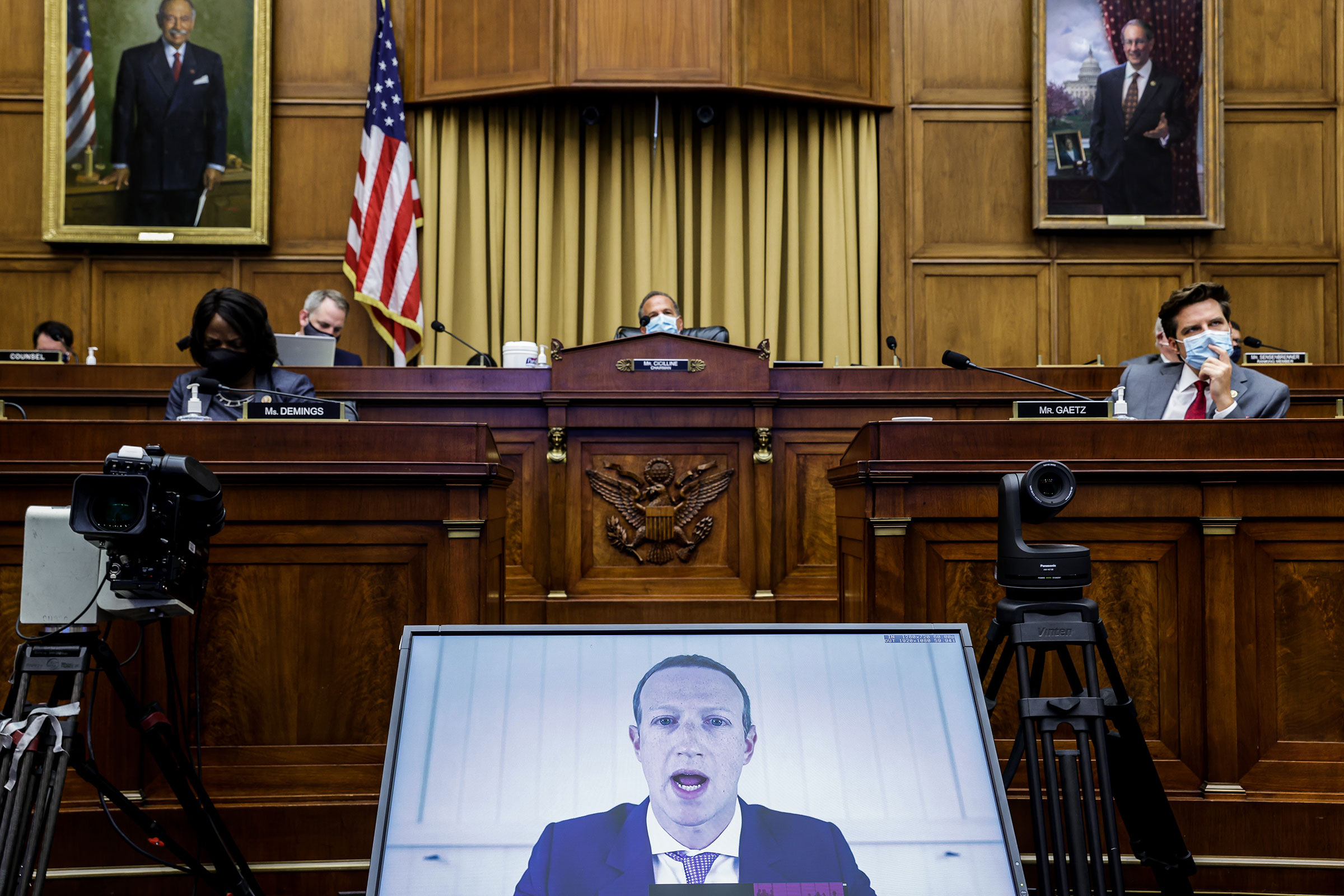 Facebook CEO Mark Zuckerberg speaks via video conference during the House Judiciary Subcommittee on Antitrust on Capitol Hill in Washington on July 29, 2020. (Graeme Jennings—Pool/Getty Images)
