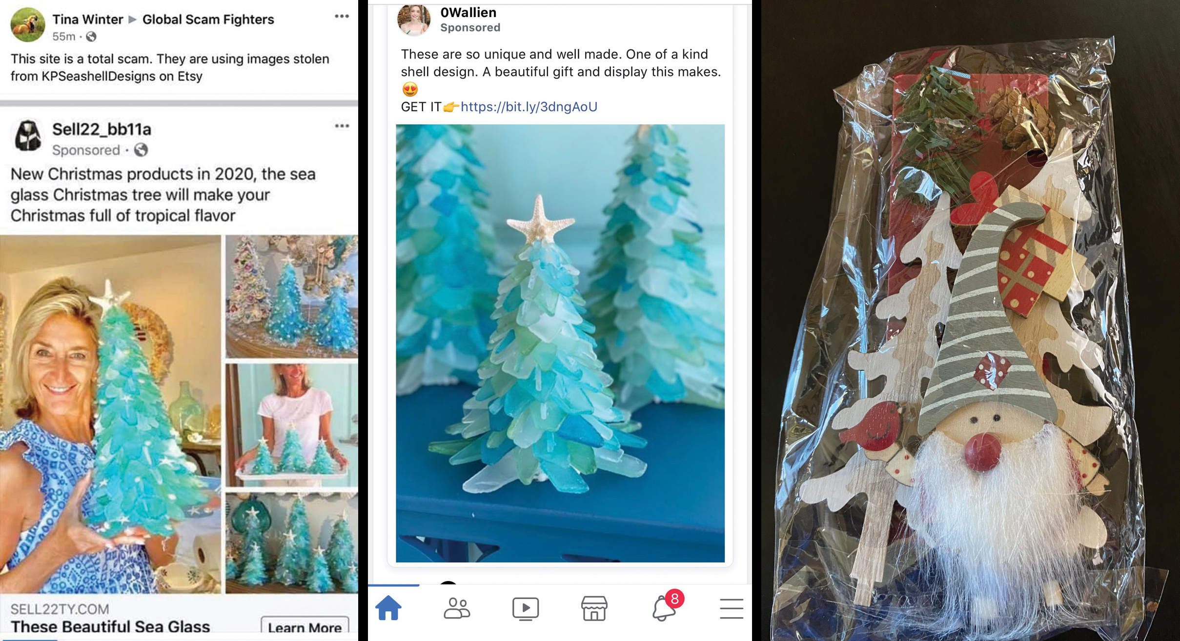 Kristi Pimentel, left, had photos of her and her sea glass trees stolen and put onto scam advertisements on Facebook, left and center; Heather Hopper purchased three and says she instead was sent a gnome, right. (Gnome: Courtesy of Heather Hopper)