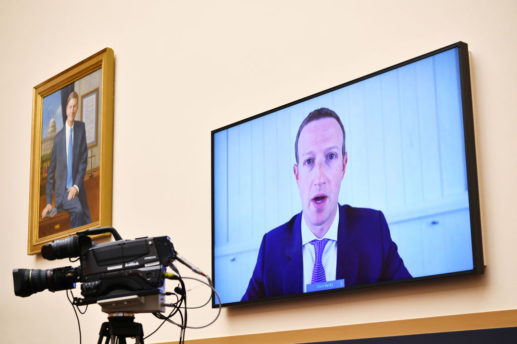 Mark Zuckerberg, chief executive officer and founder of Facebook Inc., speaks via videoconference during a House Judiciary Subcommittee hearing in Washington, D.C., U.S., on Wednesday, July 29, 2020. (Mandel Ngan/AFP/Bloomberg via Getty Images)