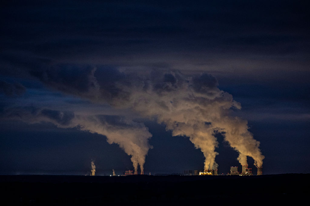 The coal-fired power stations of Boxberg (R) and Schwarze Pumpe (L) are pictured on October 17, 2020 in Torga, Germany. (Florian Gaertner—Photothek via Getty Images)