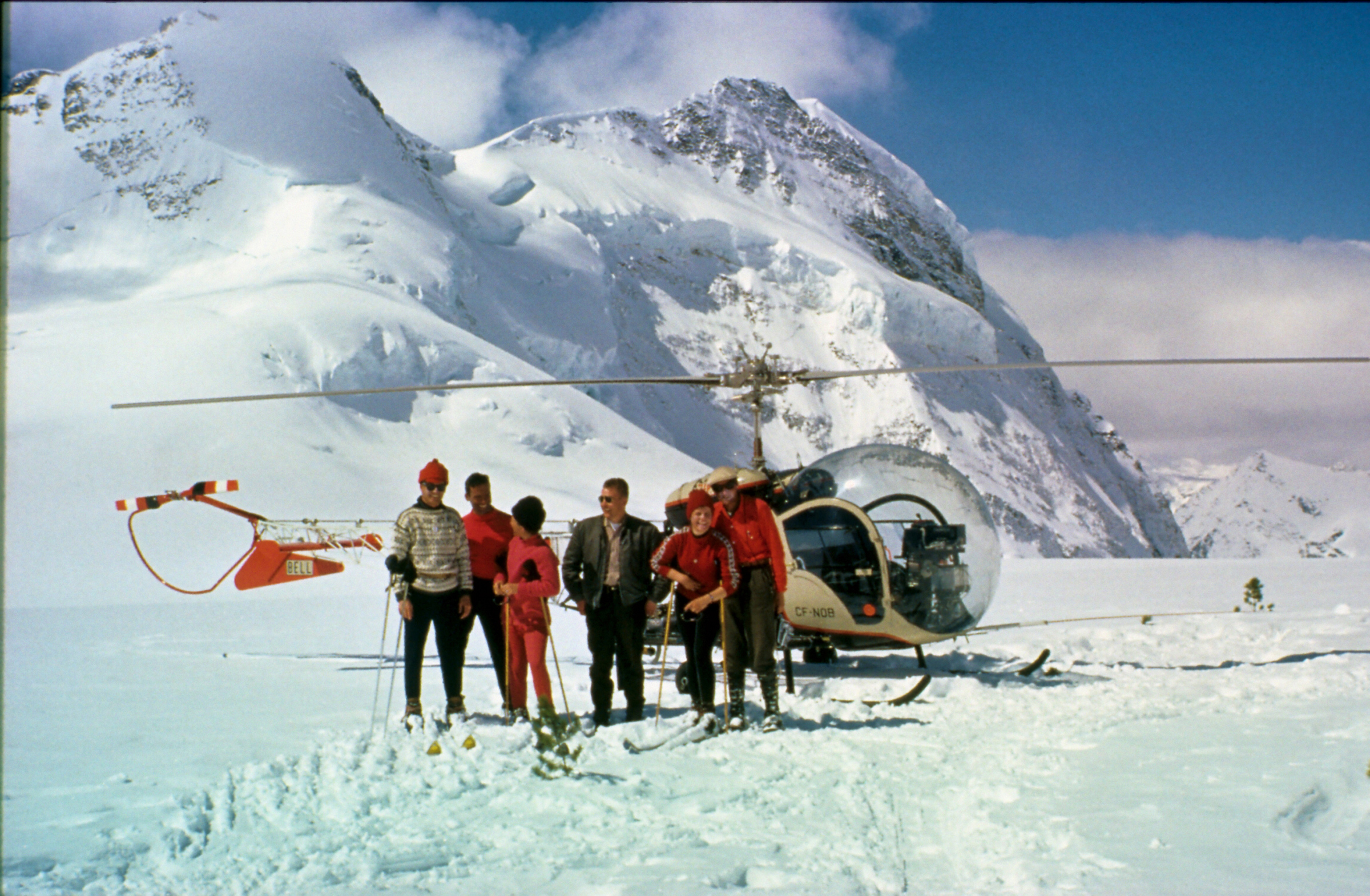 Hans Gmoser and the first crew heli-skiing in the Bugaboos in 1969